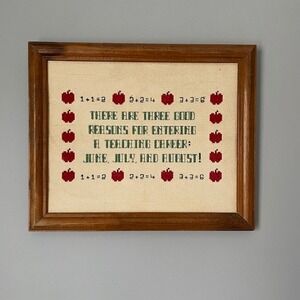 Vintage Teacher Cross Stitch Wall Art Framed Apple Sampler 1987 Gift Decor